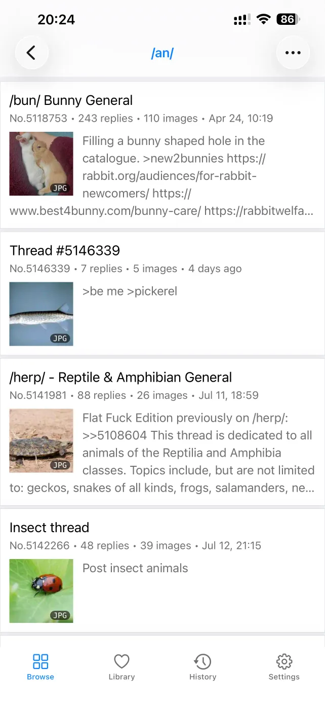 The catalog for a 4chan board in PocketChan on iPhone, with thumbnails and reply counts