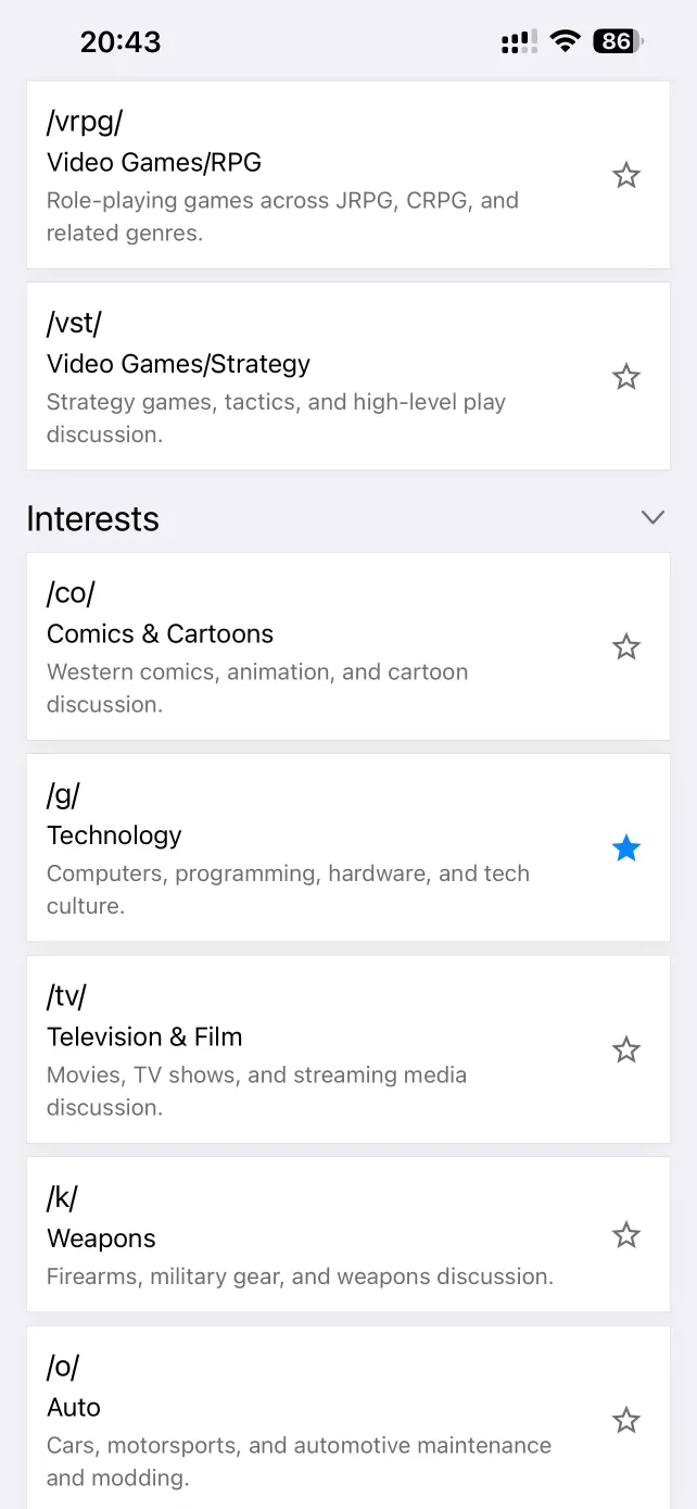The PocketChan board directory on iPhone, grouped by category, with favorites starred