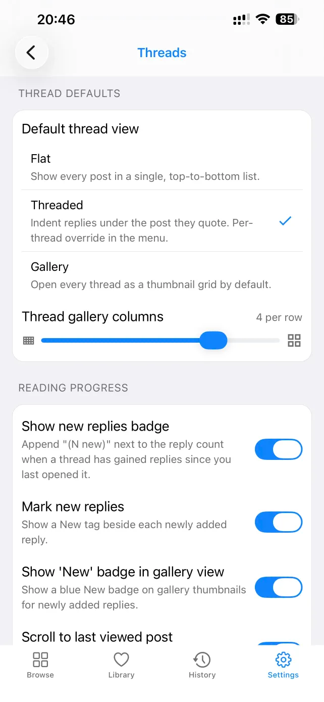 PocketChan's thread settings on iPhone, with reading progress options